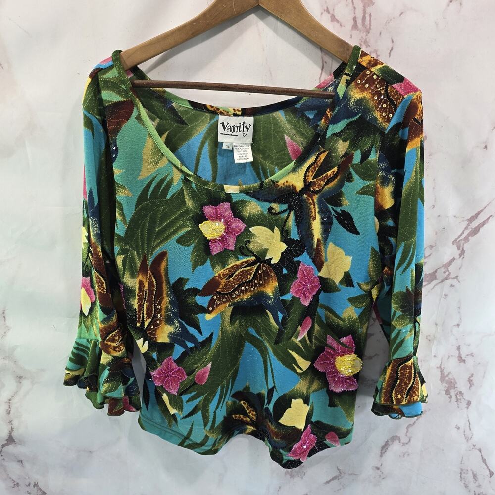 Vintage Y2K Shirt Womens XL Blue Floral Butterfly Mesh Crop Flared Whimsy Witchy